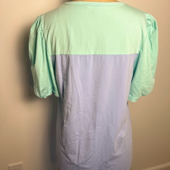 Michelle McDowell puff sleeve short sleeve t-shirt mint green and light blue - Picture 2 of 5